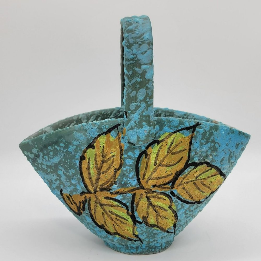 Vintage MCM Italian Pottery Basket Blue Lava Glaze With Yellow Leaf 8" Hand Pain